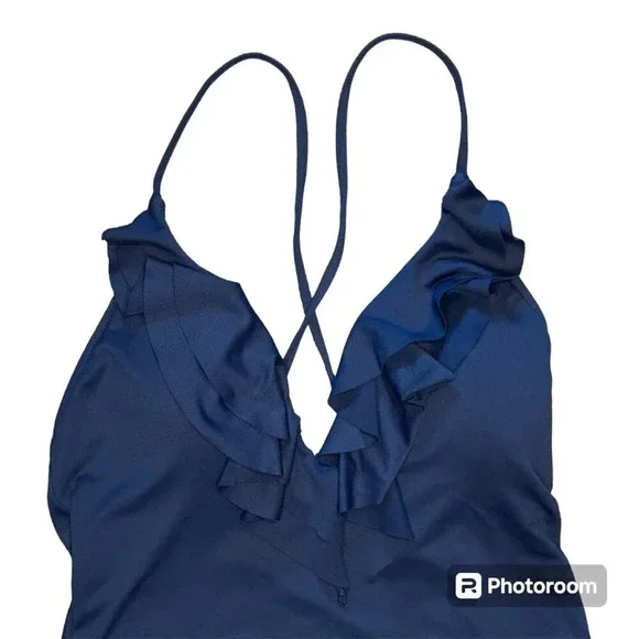 Polo Ralph Lauren Swimsuit Size Large Navy Blue One Piece Scoop Back Ruffle Pony - Picture 4 of 16